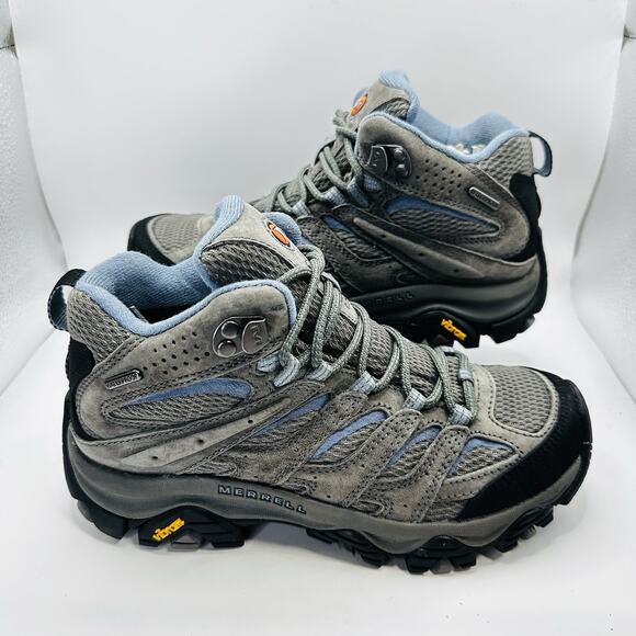 Merrell Moab 3 Mid Waterproof Hiking Vibram Boots Shoes Gray Blue Womens Size 6 - Picture 1 of 7